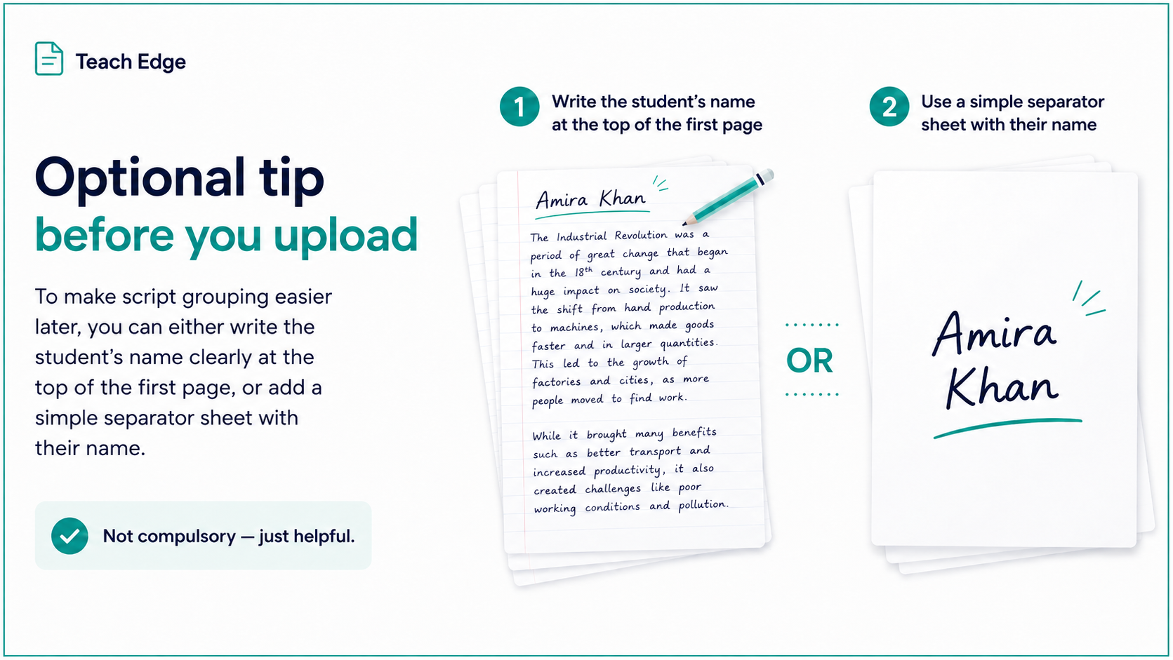 A Teach Edge tip showing two ways to label student scripts before upload: writing the name on the first page or using a separator sheet.