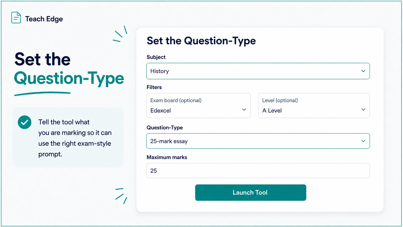 The Teach Edge Bulk Marking setup screen showing subject, exam board, level, question type and maximum marks.