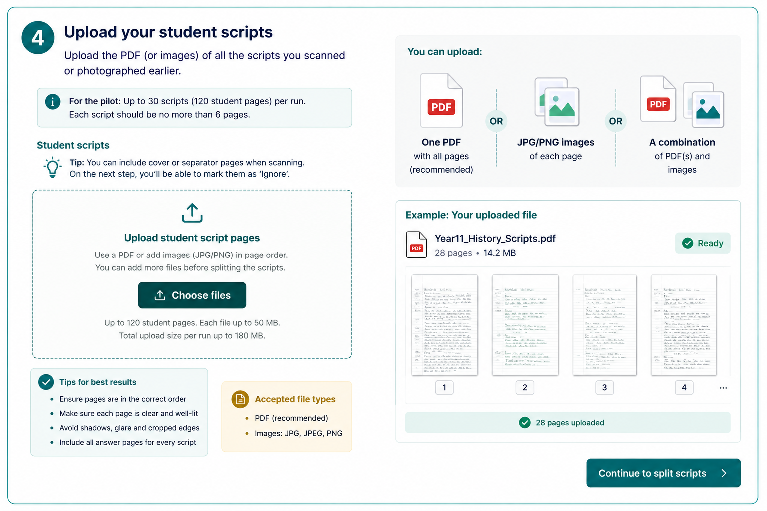 The Teach Edge Bulk Marking upload screen showing accepted file types and an example uploaded PDF of student scripts.