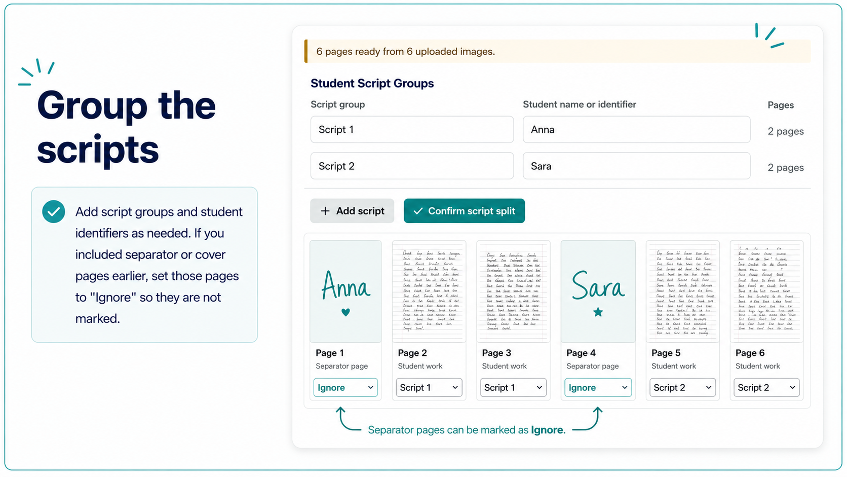 The Teach Edge script grouping screen showing student script groups, page thumbnails and separator pages marked as Ignore.