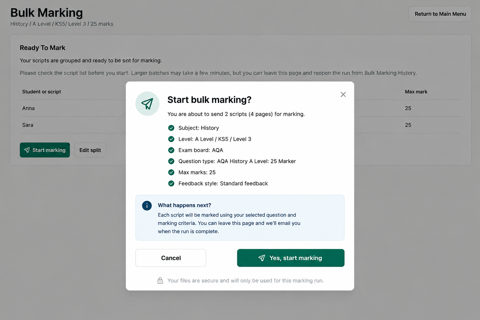 A Teach Edge confirmation modal asking the teacher to confirm the number of scripts, pages and marking settings before starting Bulk Marking.