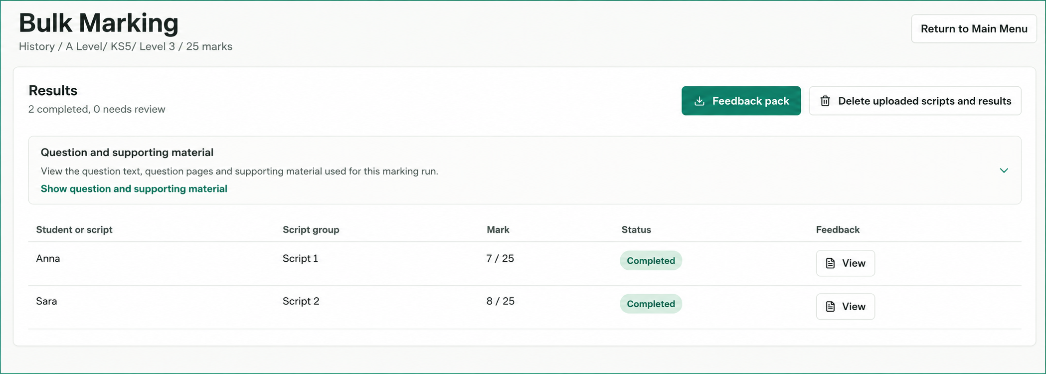 The Teach Edge Bulk Marking results screen showing student names, script groups, marks, status and feedback buttons.