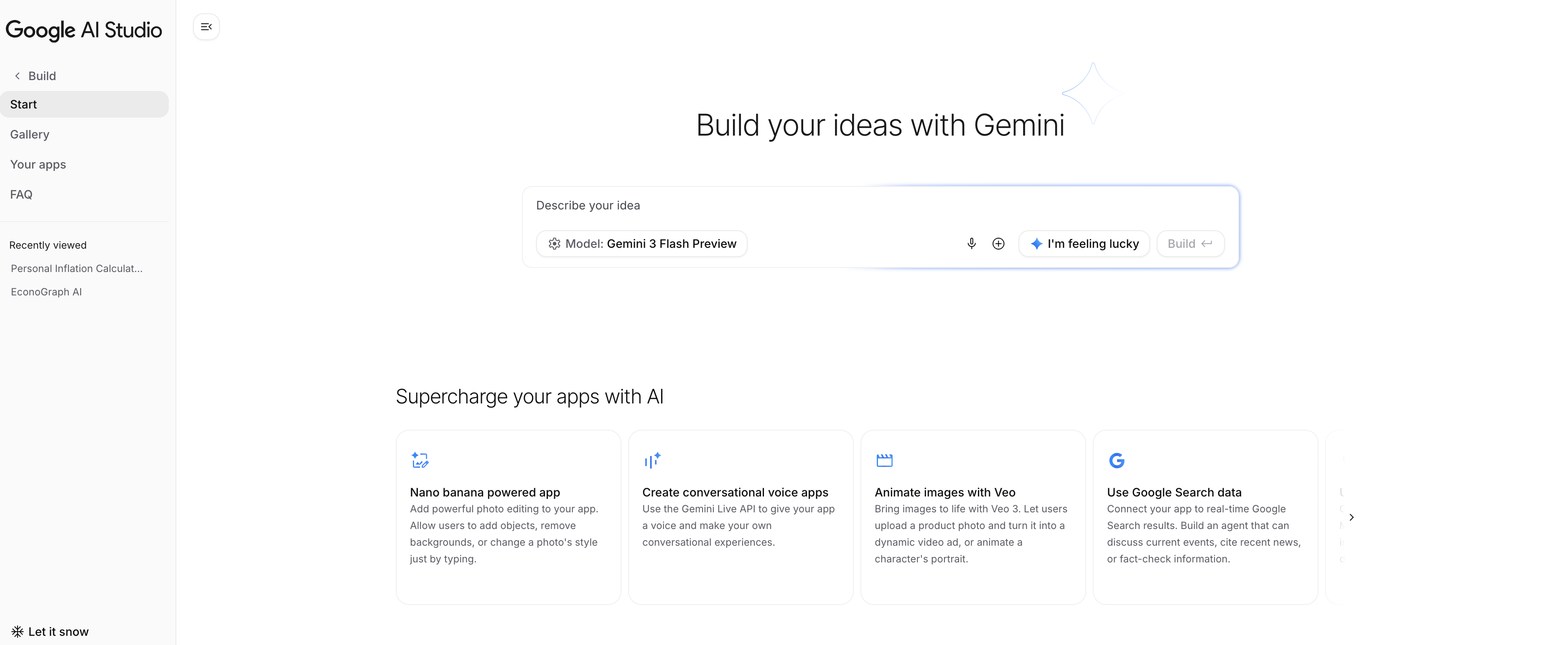 Google AI Studio start screen with 